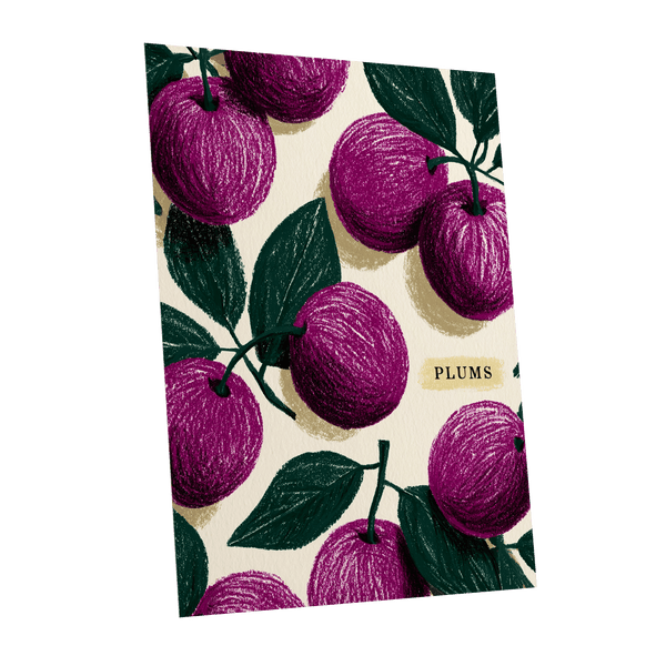 Plum Garden Nocturne, purple, green, beige nature wall art shown as a unframed poster wall art print