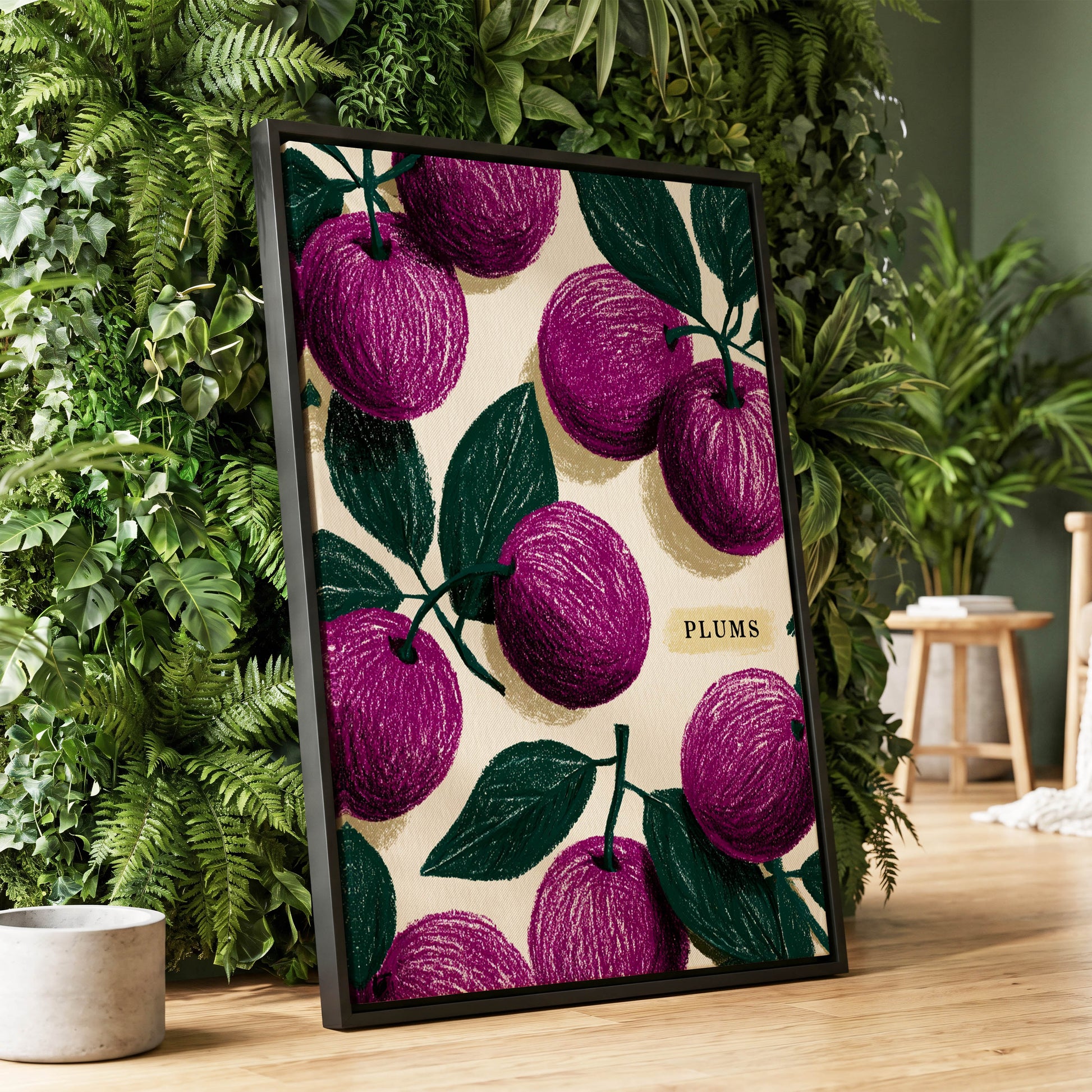 Plum Garden Nocturne, purple, green, beige nature wall art displayed in a styled interior, gallery view 1