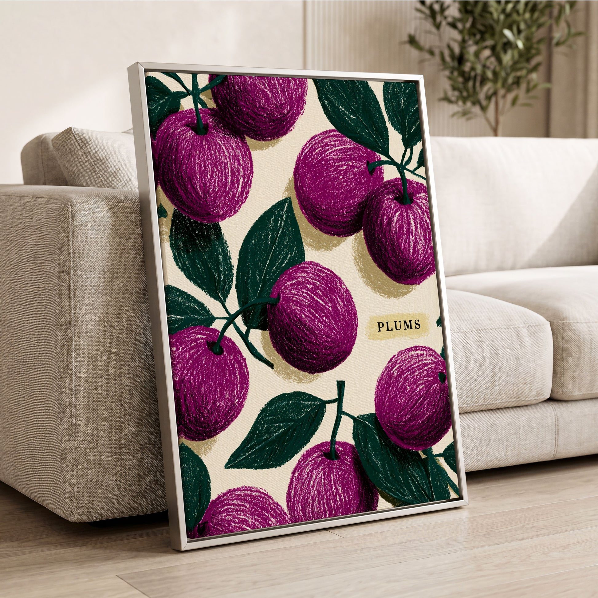 Plum Garden Nocturne, purple, green, beige nature wall art displayed in a styled interior, gallery view 2