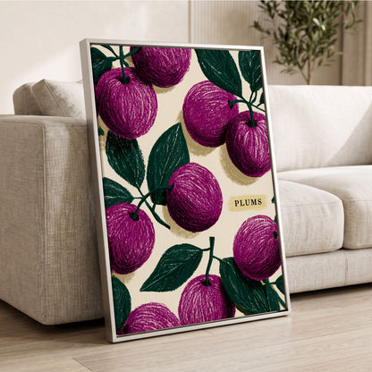 Plum Garden Nocturne, purple, green, beige nature wall art displayed in a styled interior, gallery view 2