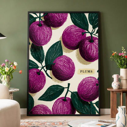Plum Garden Nocturne, purple, green, beige nature wall art displayed in a styled interior, gallery view 4