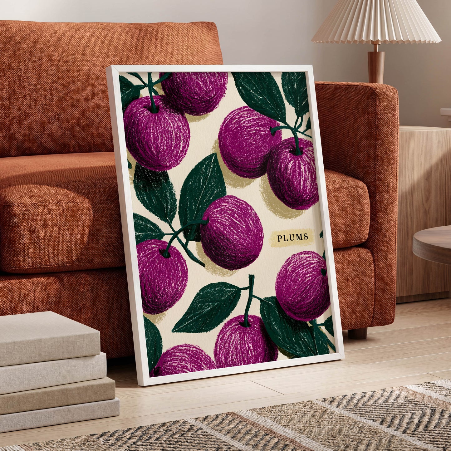 Plum Garden Nocturne, purple, green, beige nature wall art displayed in a styled interior, gallery view 6