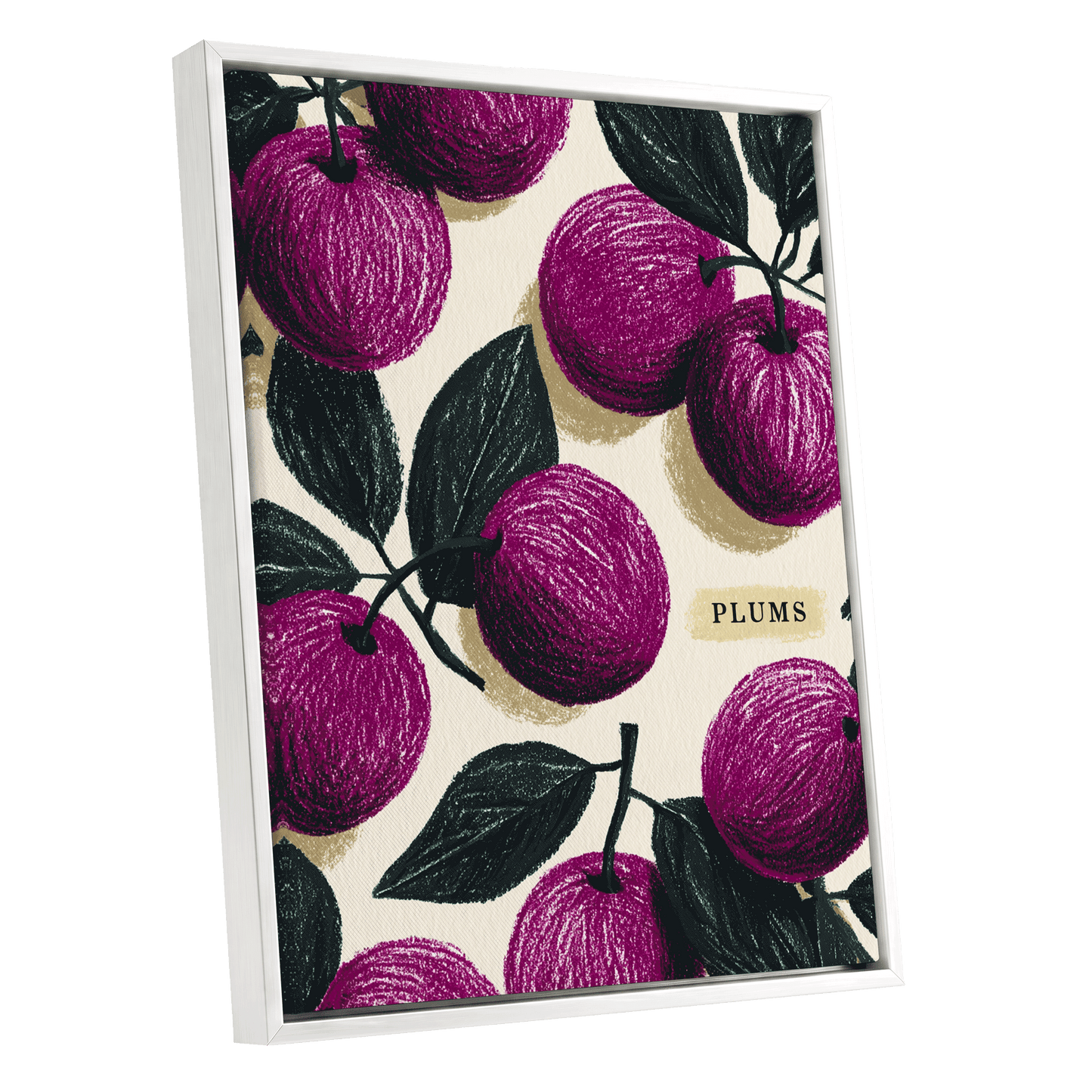 Plum Garden Nocturne, purple, green, beige nature wall art shown as a white framed canvas wall art