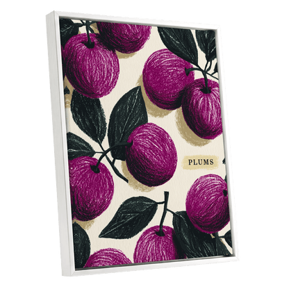 Plum Garden Nocturne, purple, green, beige nature wall art shown as a white framed canvas wall art