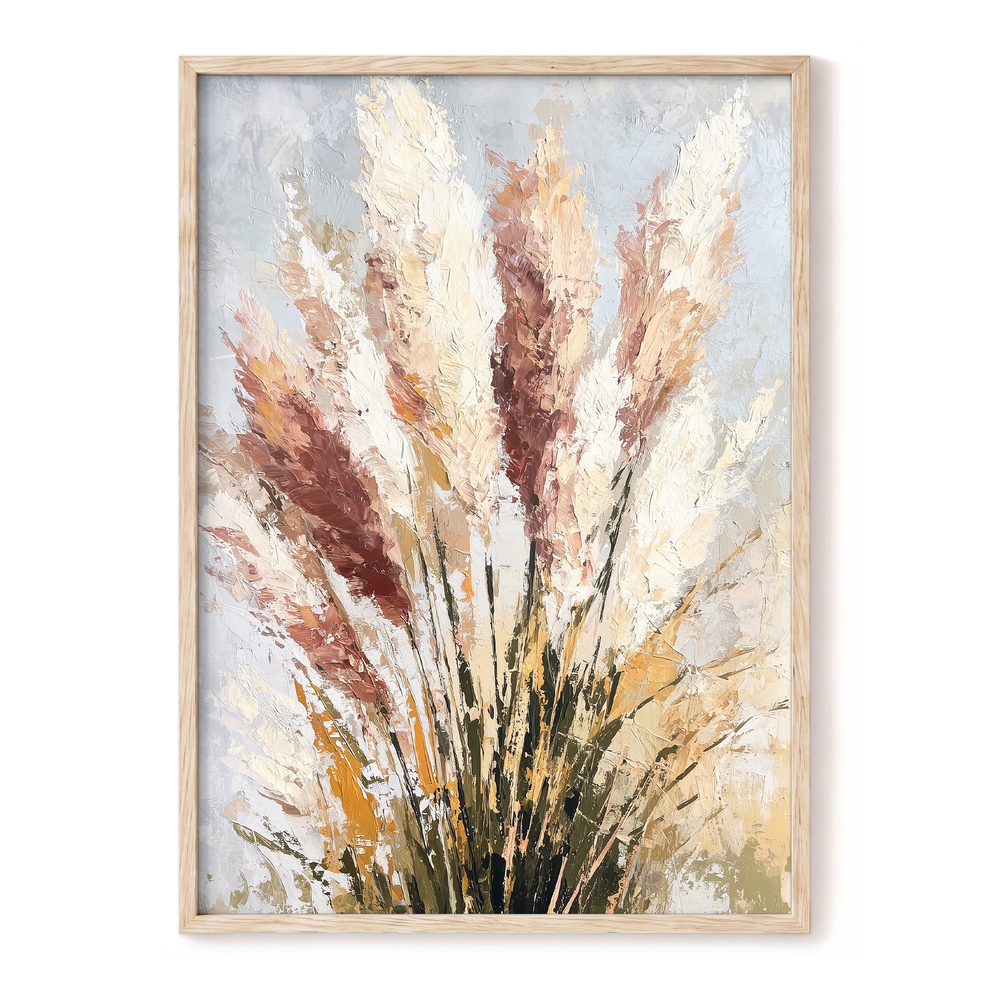 Plumes in Quiet Bloom – gray, beige, white floral wall art, front view