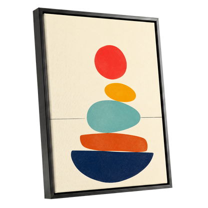 Poised in Colour, beige, red, yellow abstract wall art shown as a black framed canvas wall art