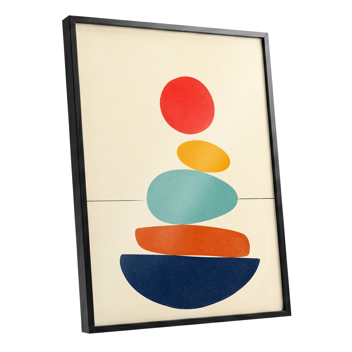 Poised in Colour, beige, red, yellow abstract wall art shown as a black framed poster wall art print