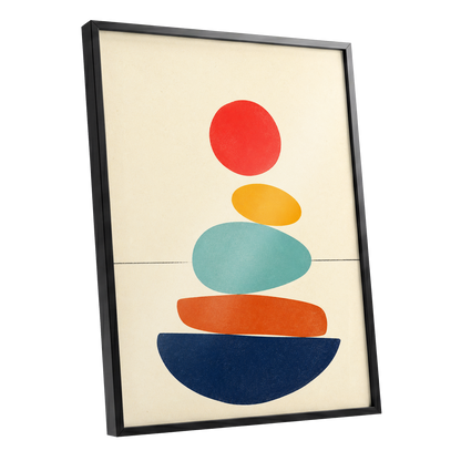 Poised in Colour, beige, red, yellow abstract wall art shown as a black framed poster wall art print