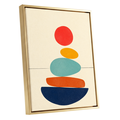 Poised in Colour, beige, red, yellow abstract wall art shown as a gold framed canvas wall art