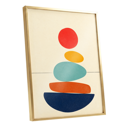 Poised in Colour, beige, red, yellow abstract wall art shown as a gold framed poster wall art print