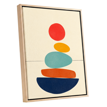 Poised in Colour, beige, red, yellow abstract wall art shown as a oak framed canvas wall art