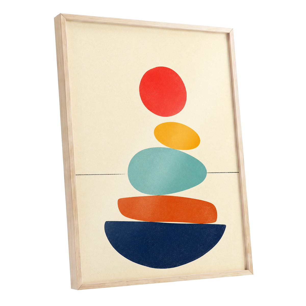 Poised in Colour, beige, red, yellow abstract wall art shown as a oak framed poster wall art print
