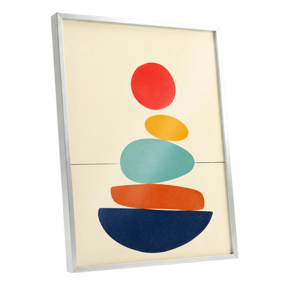 Poised in Colour, beige, red, yellow abstract wall art shown as a silver framed poster wall art print