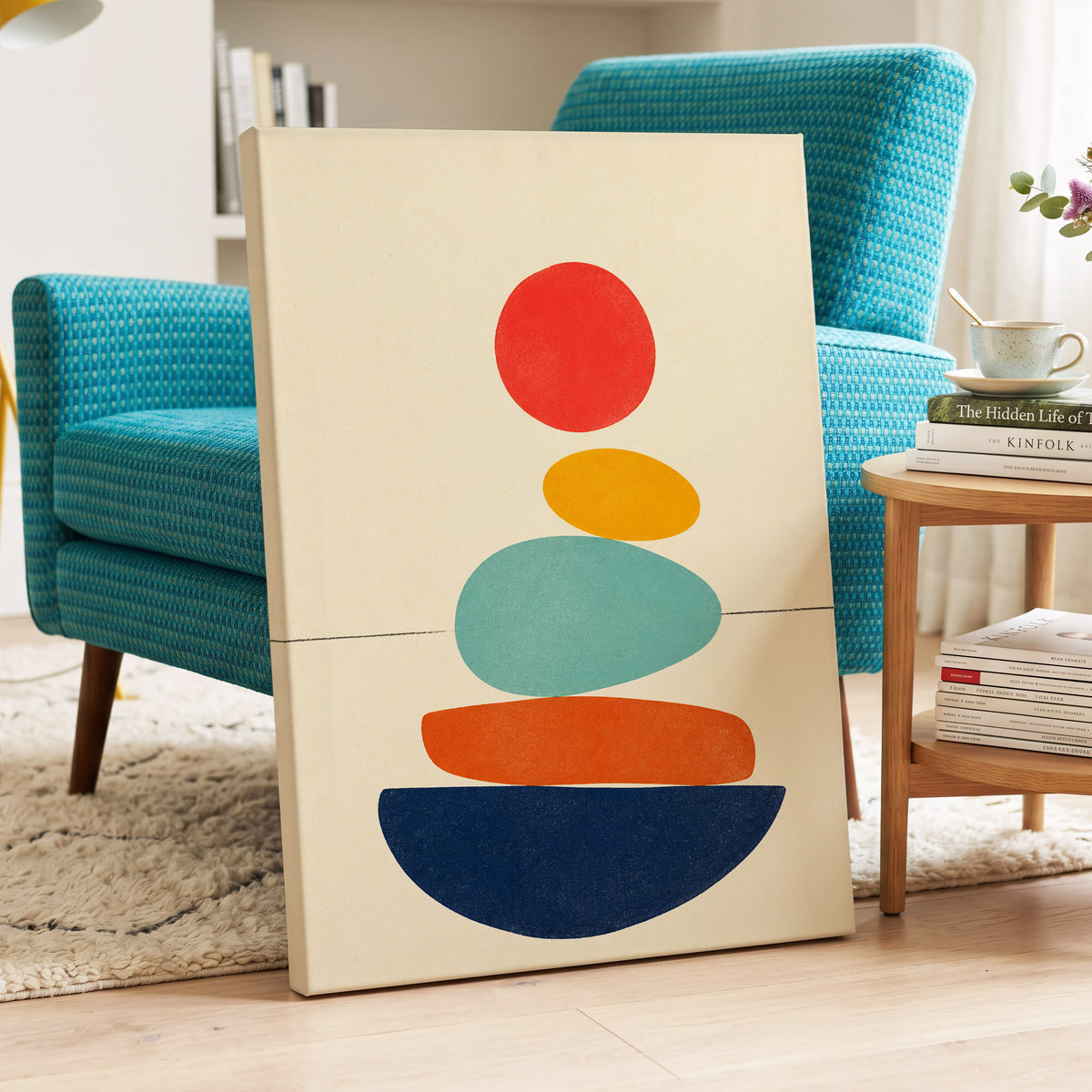 Poised in Colour, beige, red, yellow abstract wall art displayed in a styled interior, gallery view 3
