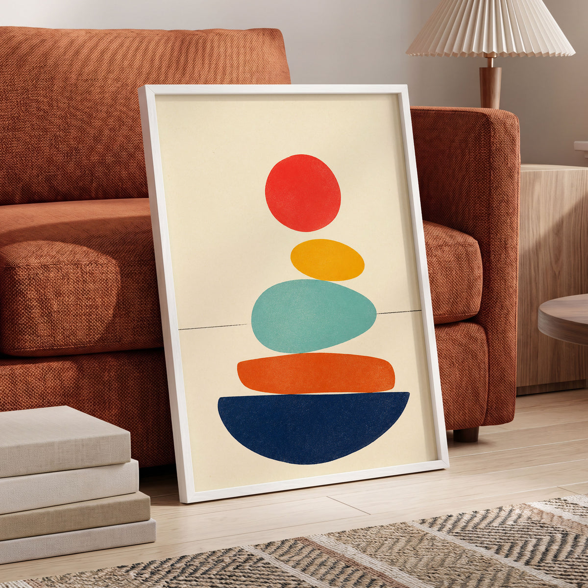 Poised in Colour, beige, red, yellow abstract wall art displayed in a styled interior, gallery view 6