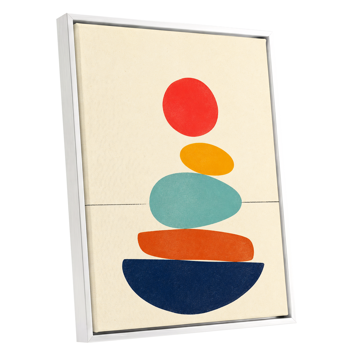 Poised in Colour, beige, red, yellow abstract wall art shown as a white framed canvas wall art