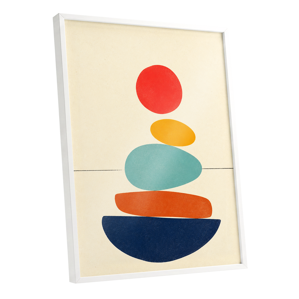 Poised in Colour, beige, red, yellow abstract wall art shown as a white framed poster wall art print
