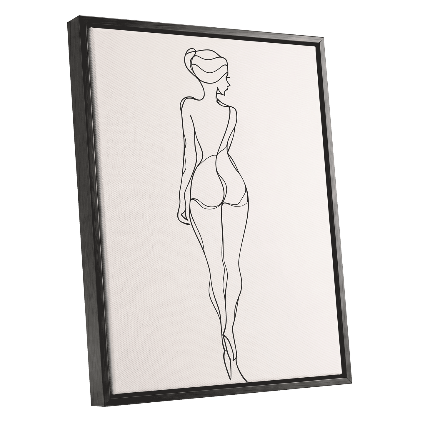 Poised in Line, black, beige minimalist wall art shown as a black framed canvas wall art