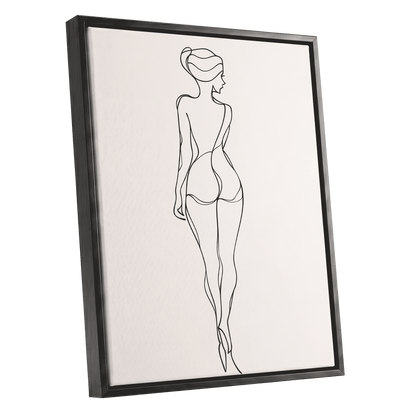 Poised in Line, black, beige minimalist wall art shown as a black framed canvas wall art