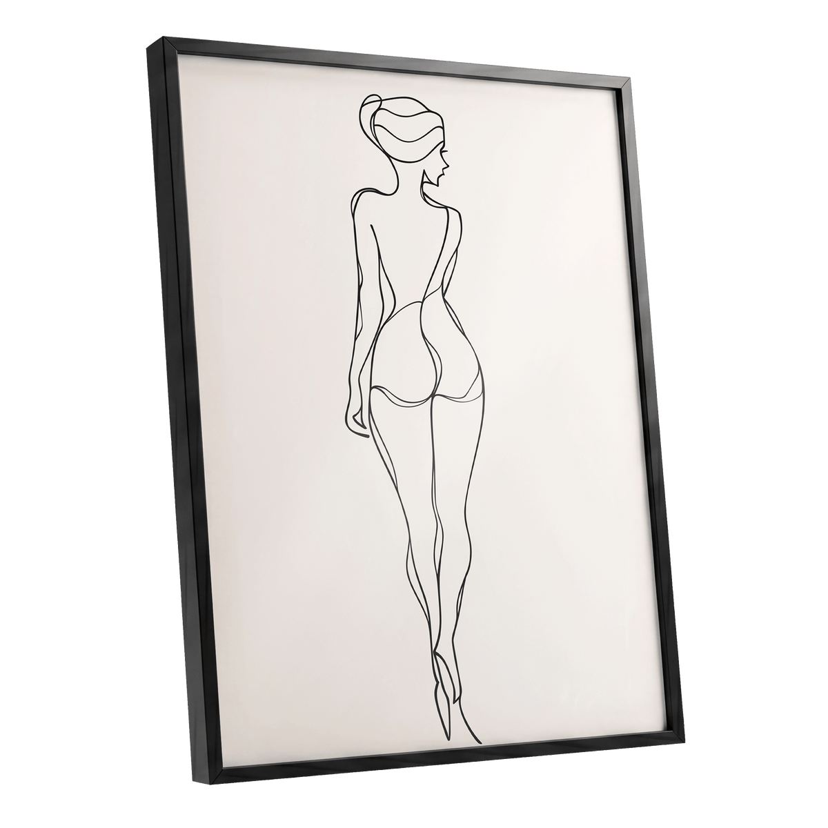 Poised in Line: black-framed minimalist line drawing of a graceful feminine figure viewed from behind, rendered in fine black contours on soft warm beige.