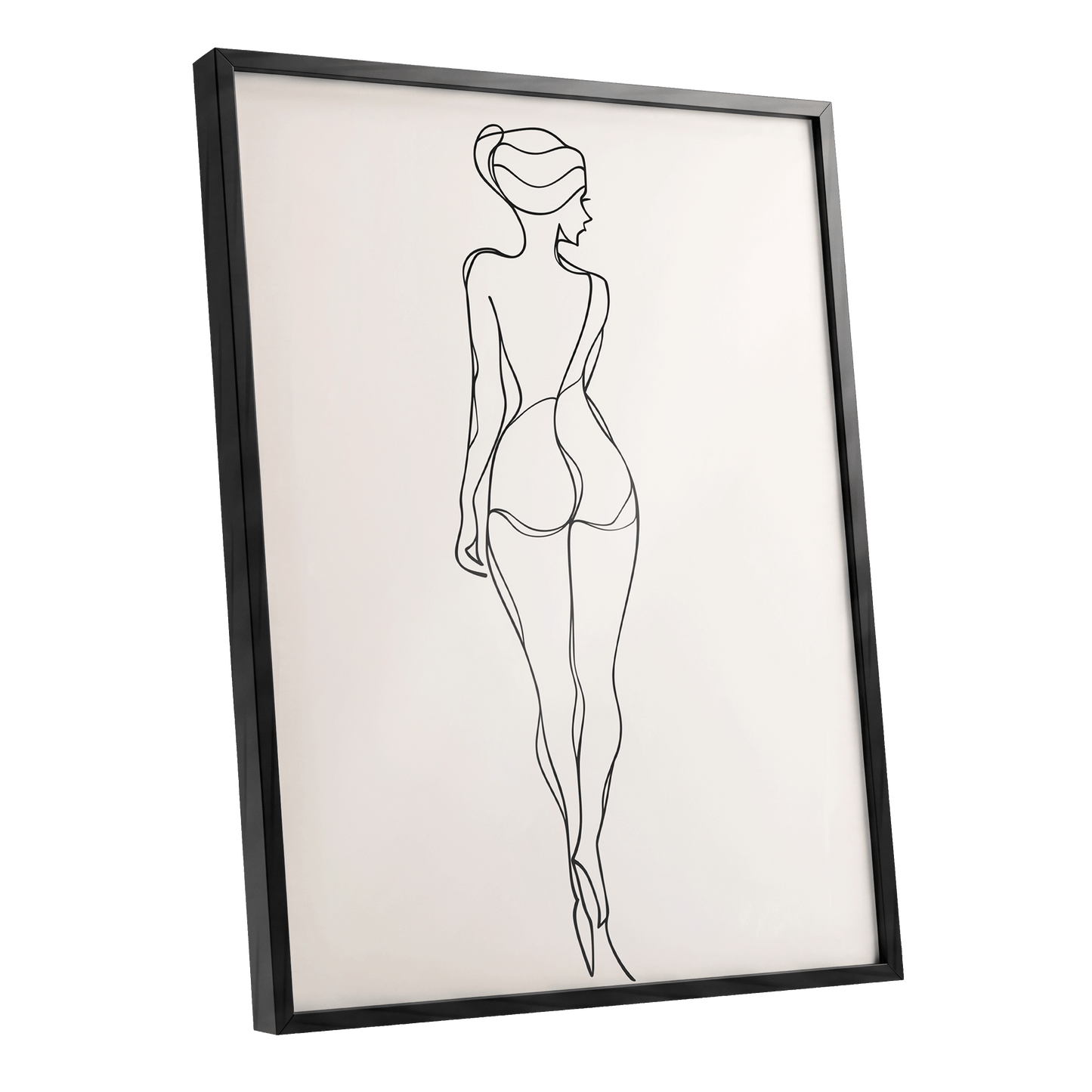Poised in Line, black, beige minimalist wall art shown as a black framed poster wall art print
