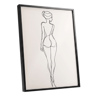 Poised in Line, black, beige minimalist wall art shown as a black framed poster wall art print
