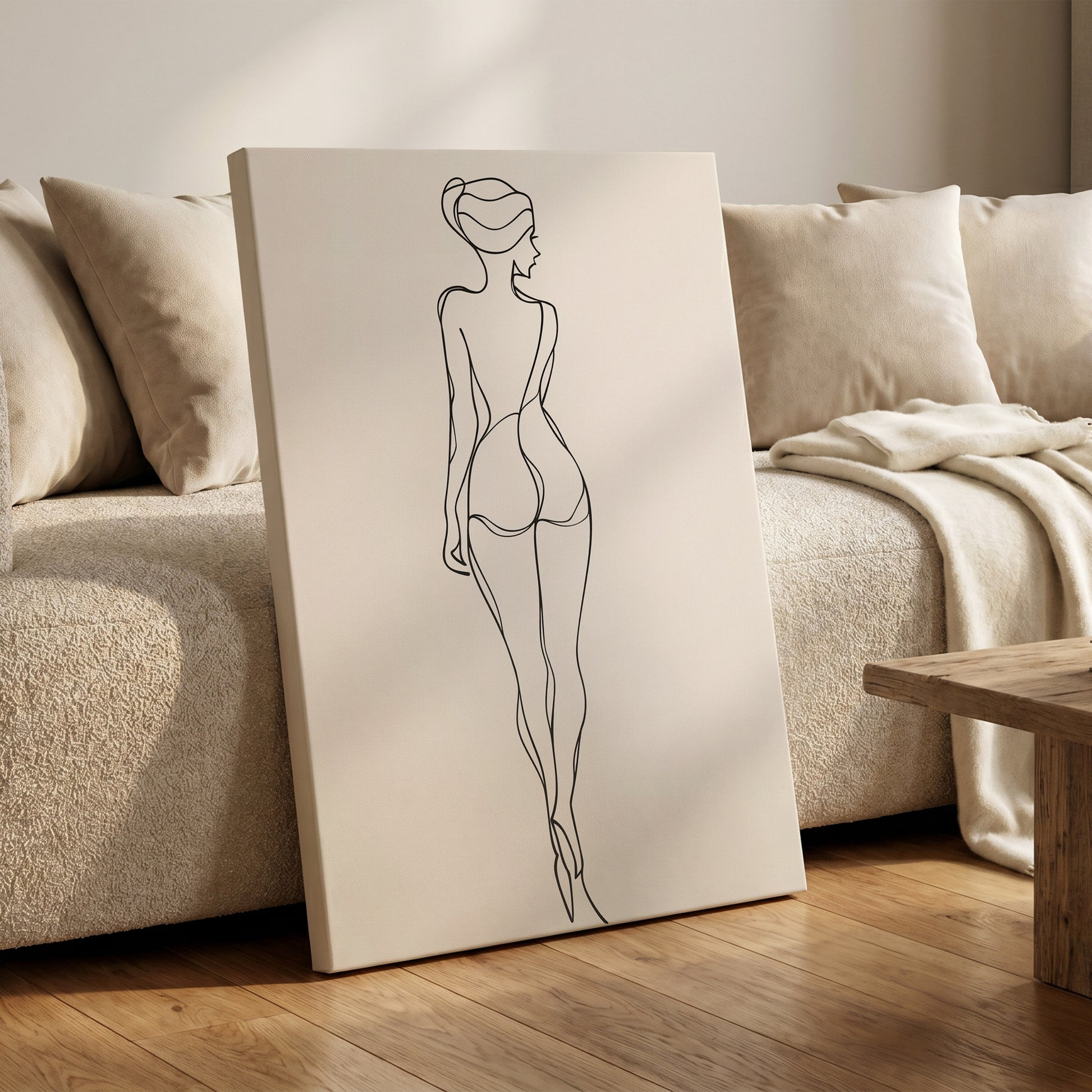 Poised in Line, black, beige minimalist wall art on canvas displayed in a styled interior, gallery view 1