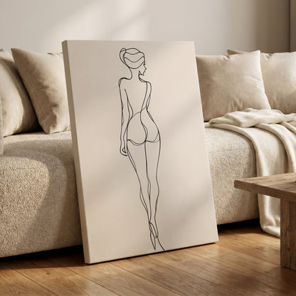 Poised in Line, black, beige minimalist wall art on canvas displayed in a styled interior, gallery view 1