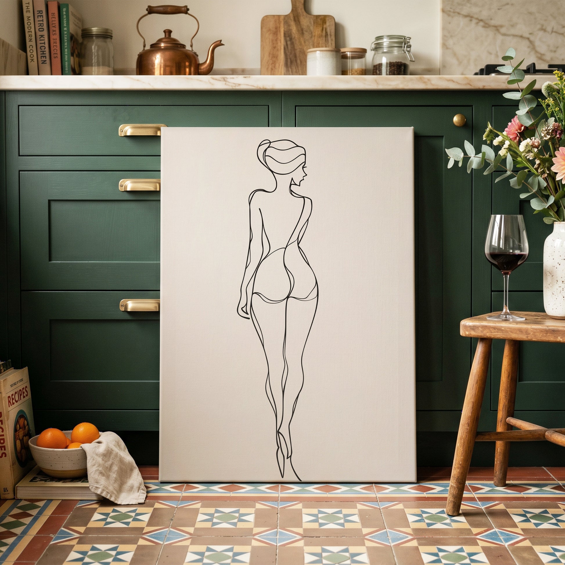 Poised in Line, black, beige minimalist wall art on canvas displayed in a styled interior, gallery view 2