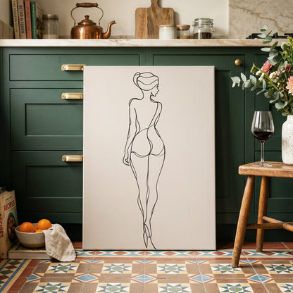 Poised in Line, black, beige minimalist wall art on canvas displayed in a styled interior, gallery view 2