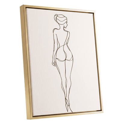 Poised in Line, black, beige minimalist wall art shown as a gold framed canvas wall art