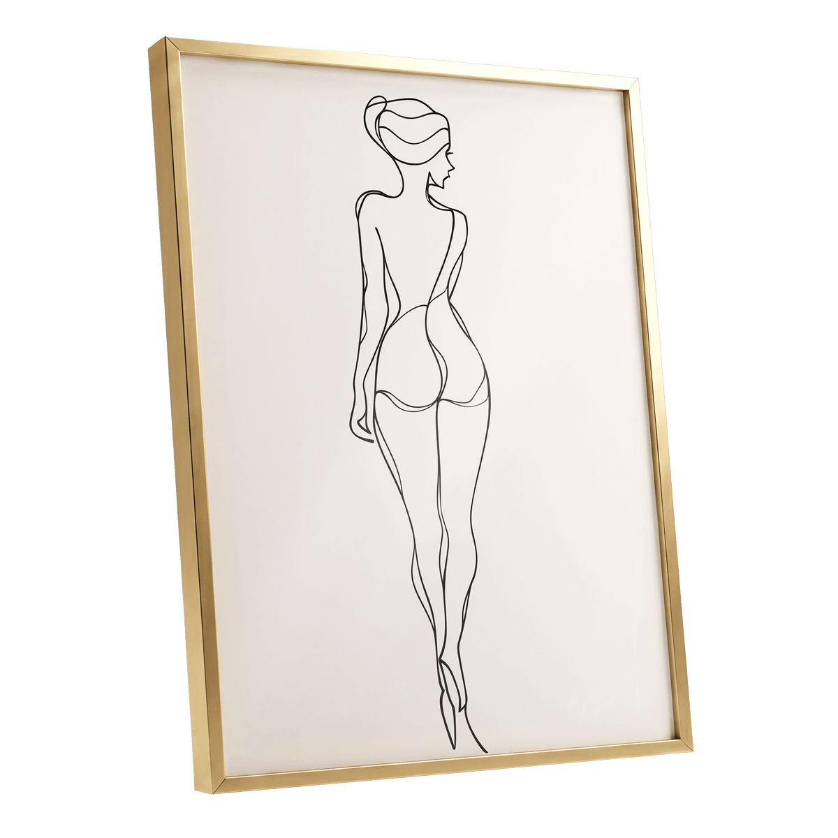 Poised in Line: slim gold-framed minimalist line drawing of a graceful feminine figure viewed from behind, rendered in fine black contours on soft warm beige.