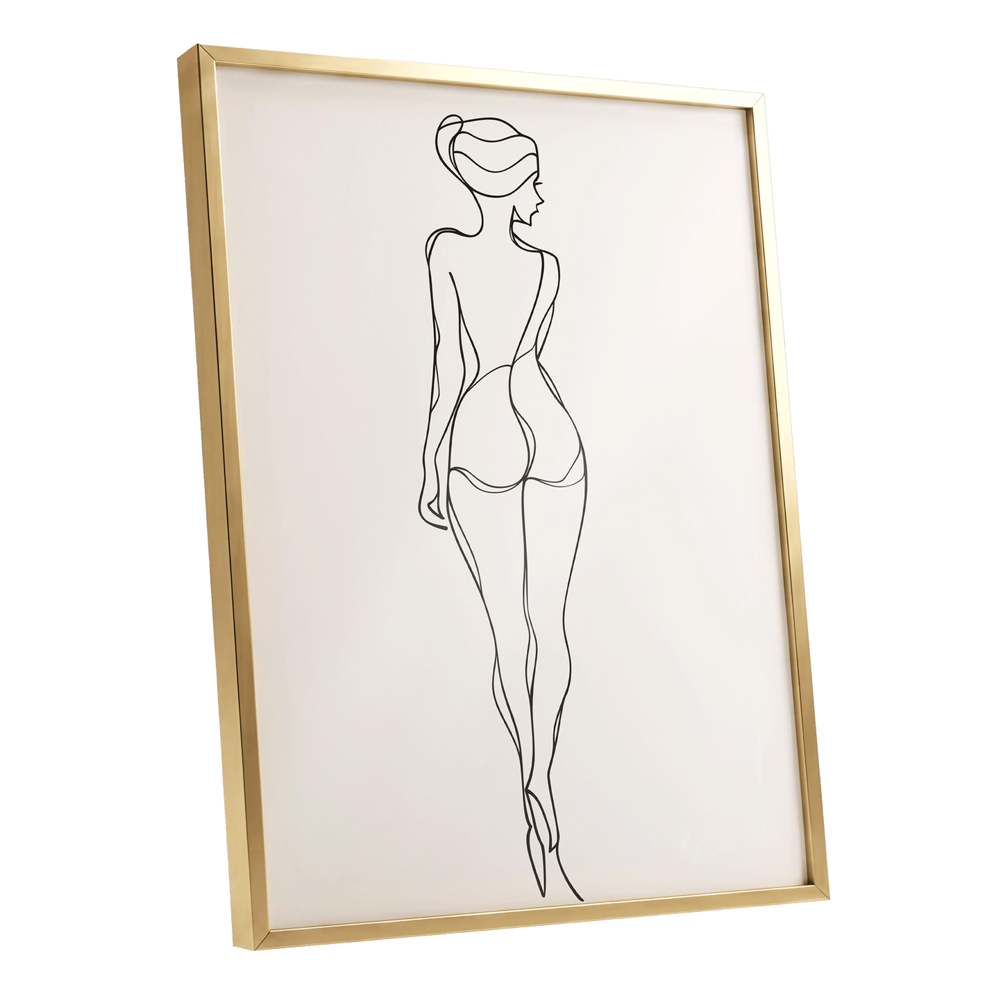 Poised in Line, black, beige minimalist wall art shown as a gold framed poster wall art print