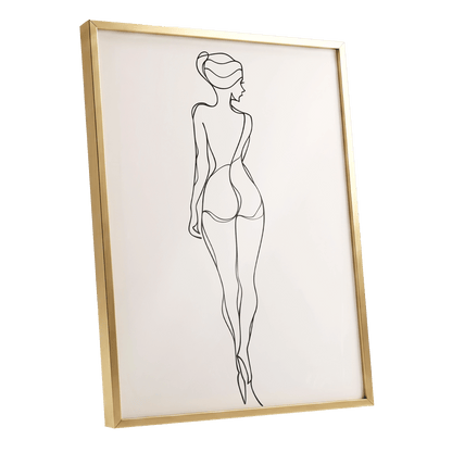 Poised in Line, black, beige minimalist wall art shown as a gold framed poster wall art print