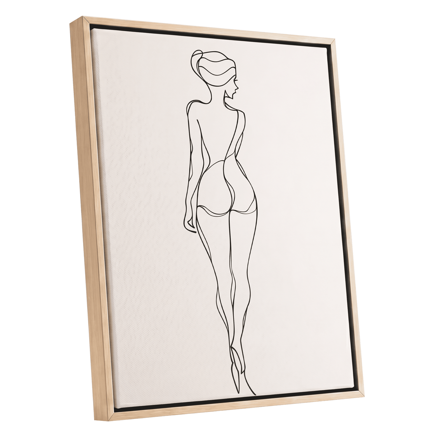 Poised in Line, black, beige minimalist wall art shown as a oak framed canvas wall art