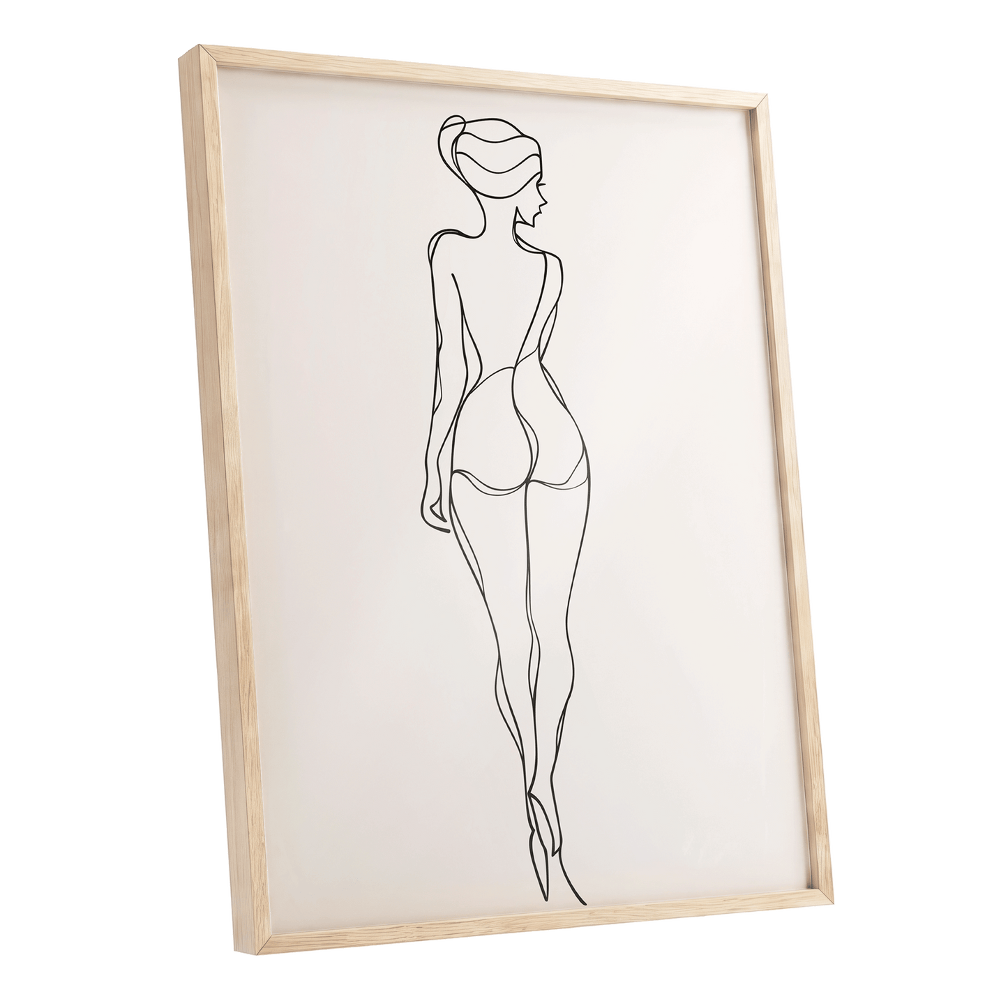 Poised in Line, black, beige minimalist wall art shown as a oak framed poster wall art print