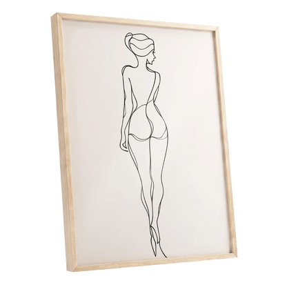 Poised in Line, black, beige minimalist wall art shown as a oak framed poster wall art print