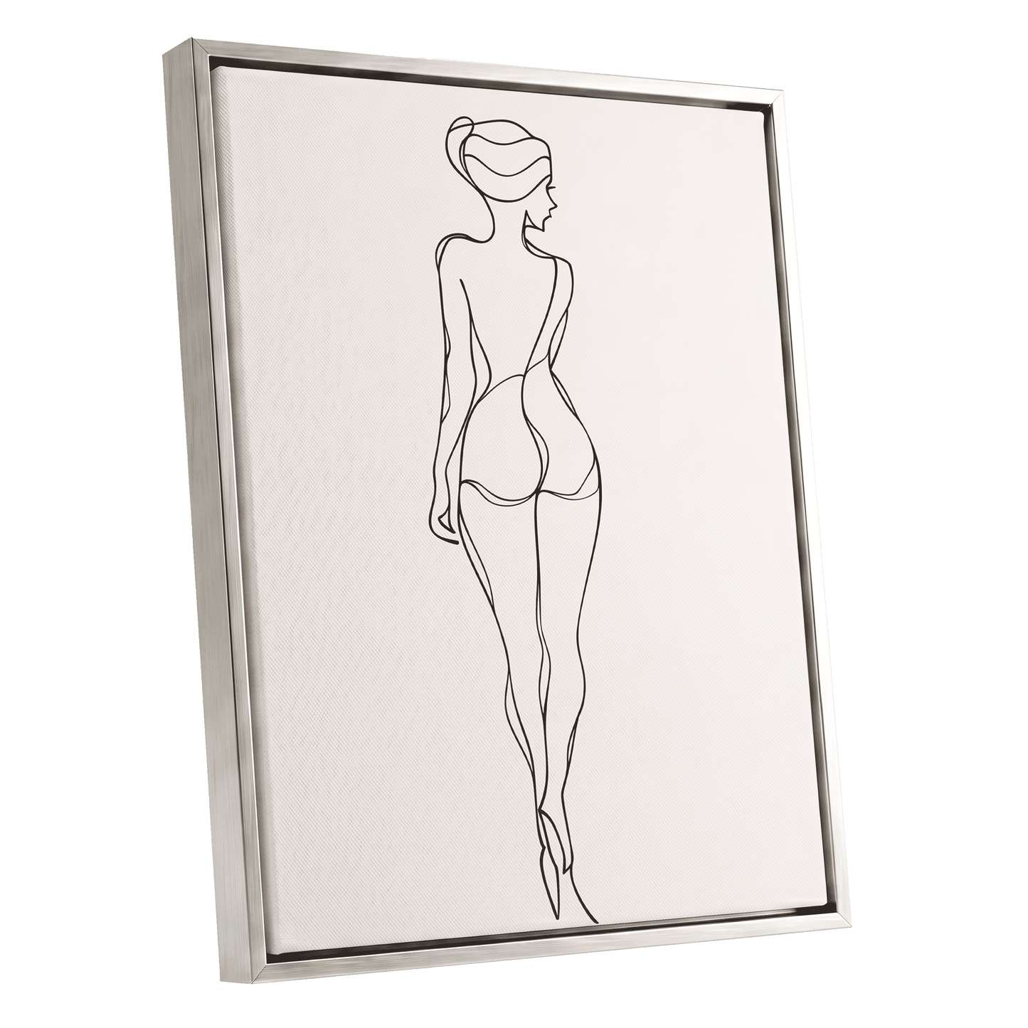 Poised in Line, black, beige minimalist wall art shown as a silver framed canvas wall art