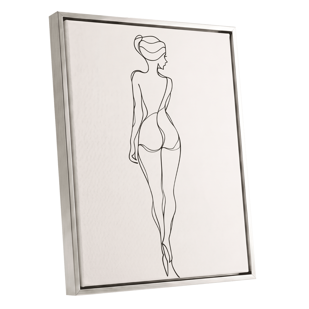 Poised in Line, black, beige minimalist wall art shown as a silver framed canvas wall art