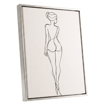 Poised in Line, black, beige minimalist wall art shown as a silver framed canvas wall art