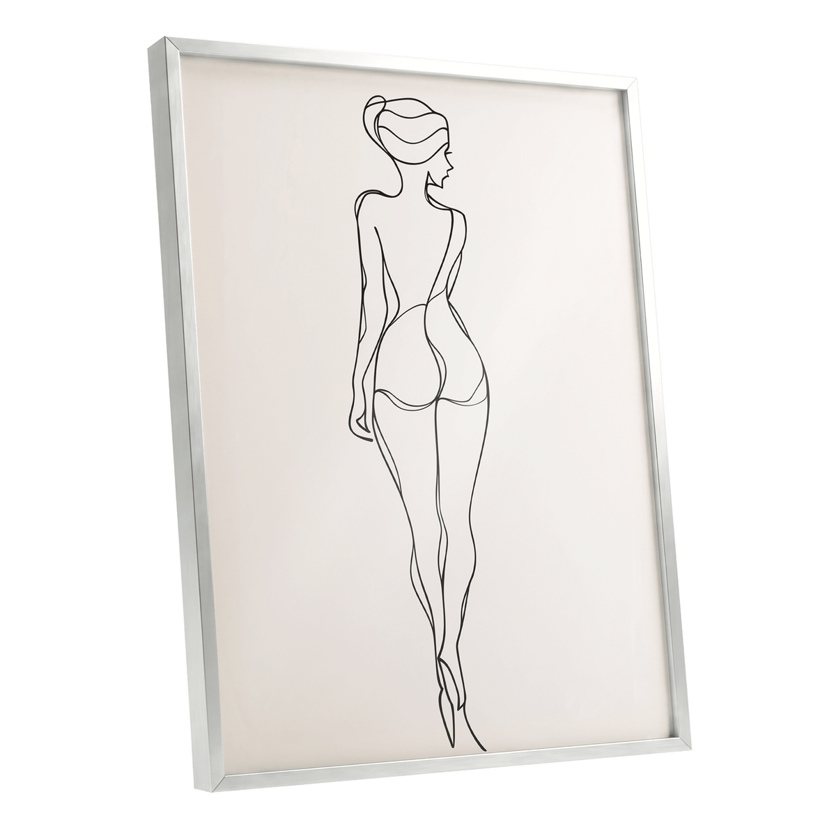 Poised in Line: slim silver-framed minimalist line drawing of a graceful feminine figure viewed from behind, rendered in fine black contours on soft warm beige.