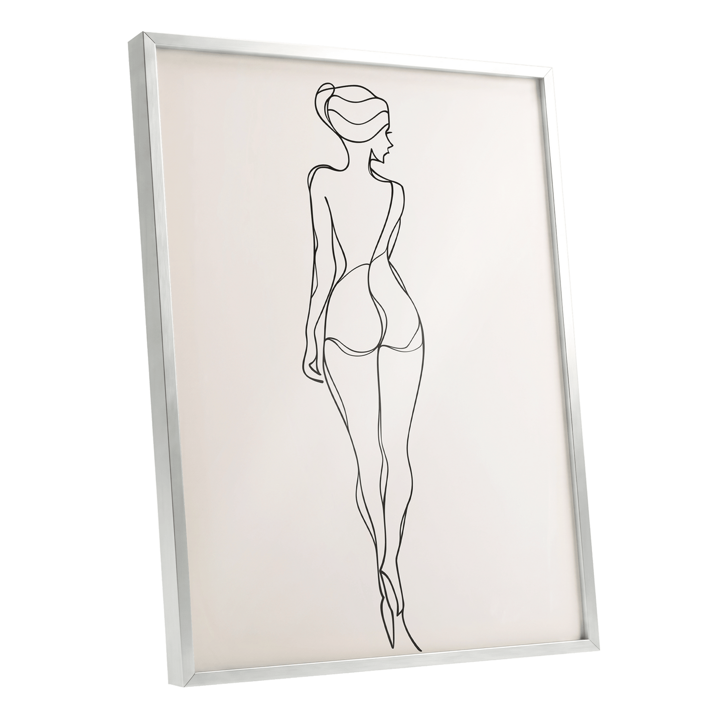 Poised in Line, black, beige minimalist wall art shown as a silver framed poster wall art print