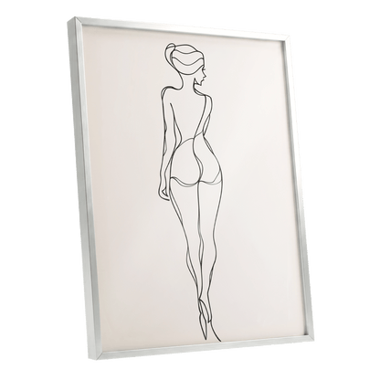 Poised in Line, black, beige minimalist wall art shown as a silver framed poster wall art print