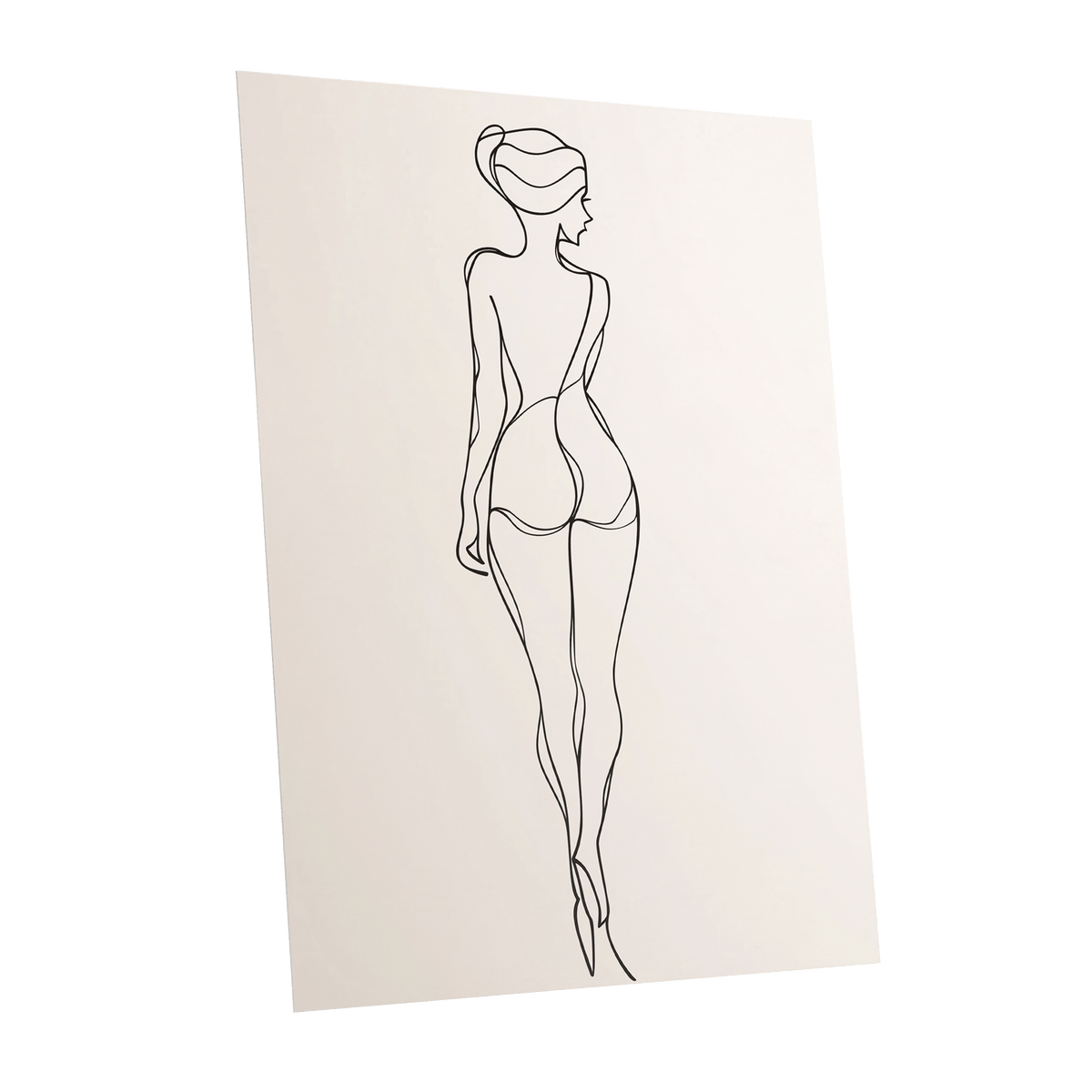 Poised in Line: unframed minimalist art print of a graceful feminine figure viewed from behind, drawn in fine black contours on a soft warm beige background.