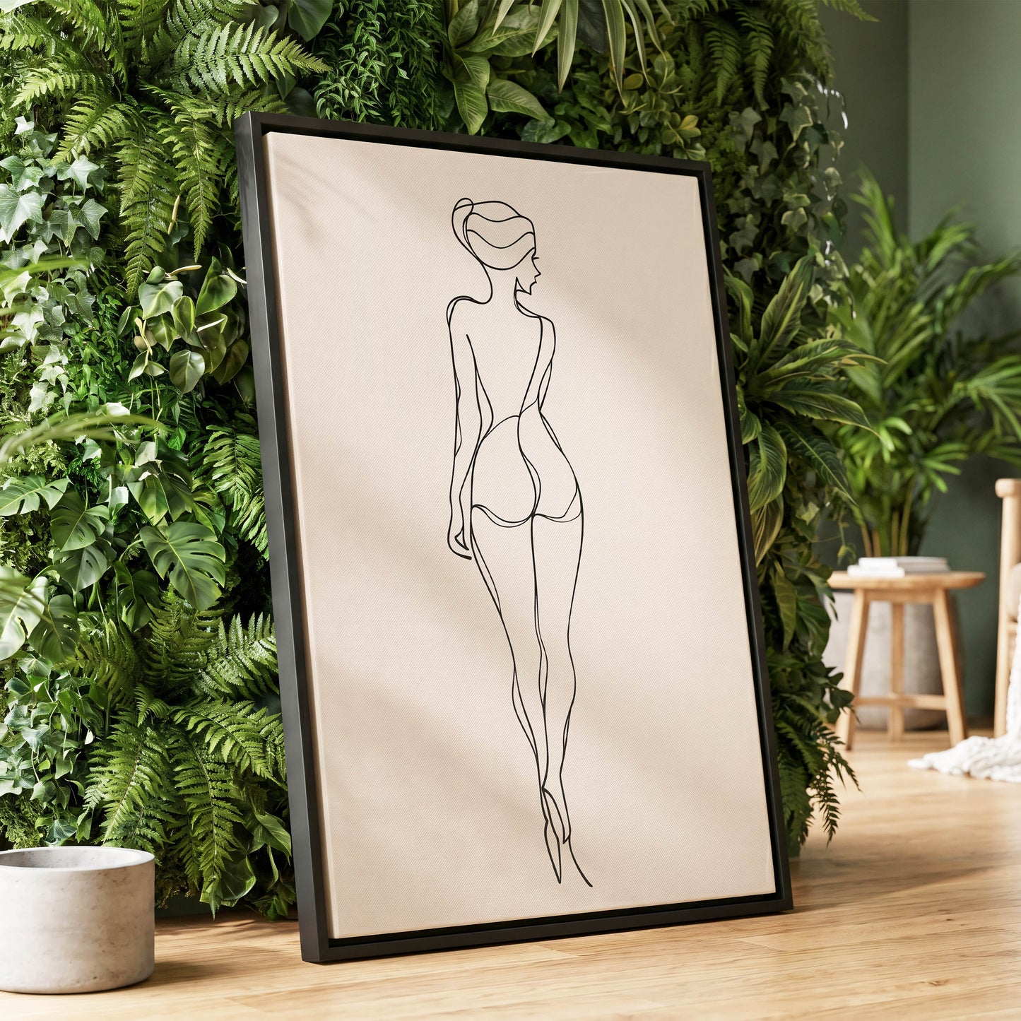 Poised in Line, black, beige minimalist wall art displayed in a styled interior, gallery view 1