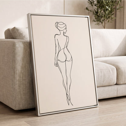 Poised in Line, black, beige minimalist wall art displayed in a styled interior, gallery view 2