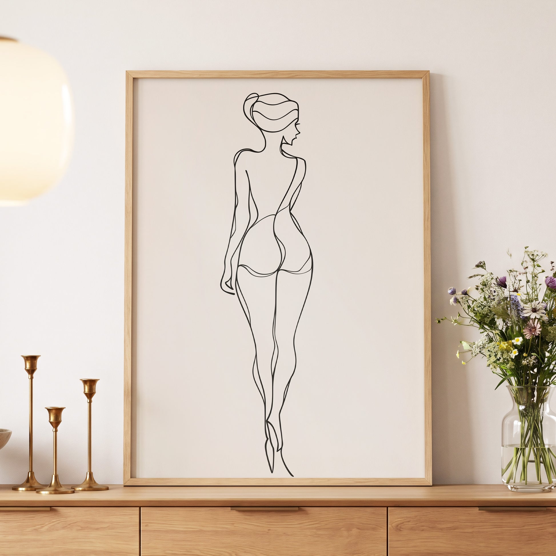 Poised in Line, black, beige minimalist wall art displayed in a styled interior, gallery view 5
