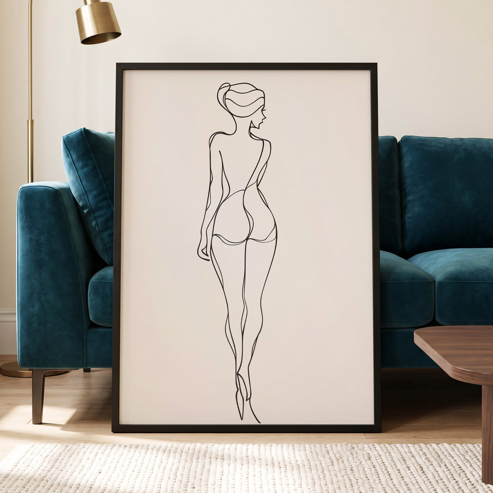 Poised in Line, black, beige minimalist wall art displayed in a styled interior, gallery view 6