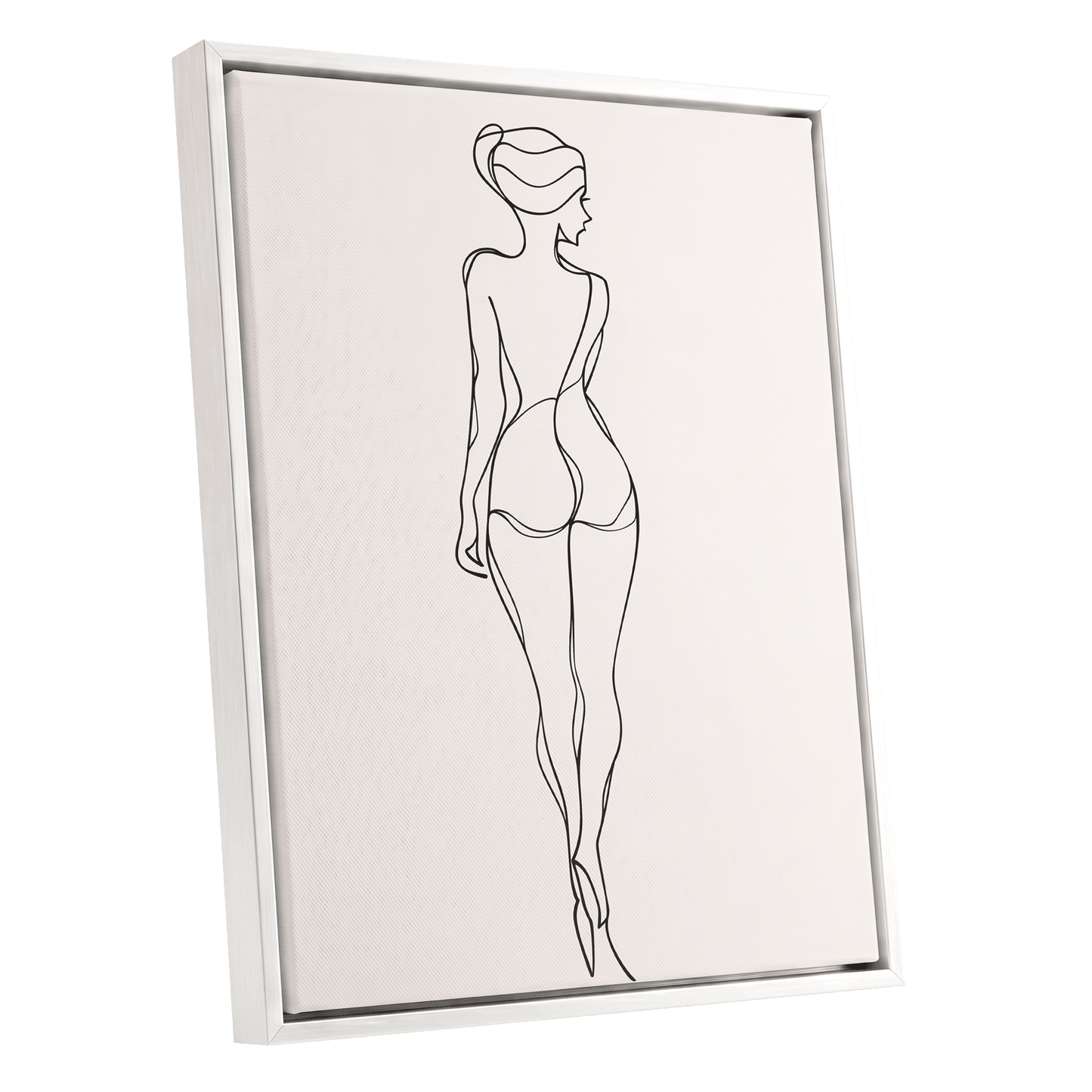 Poised in Line, black, beige minimalist wall art shown as a white framed canvas wall art