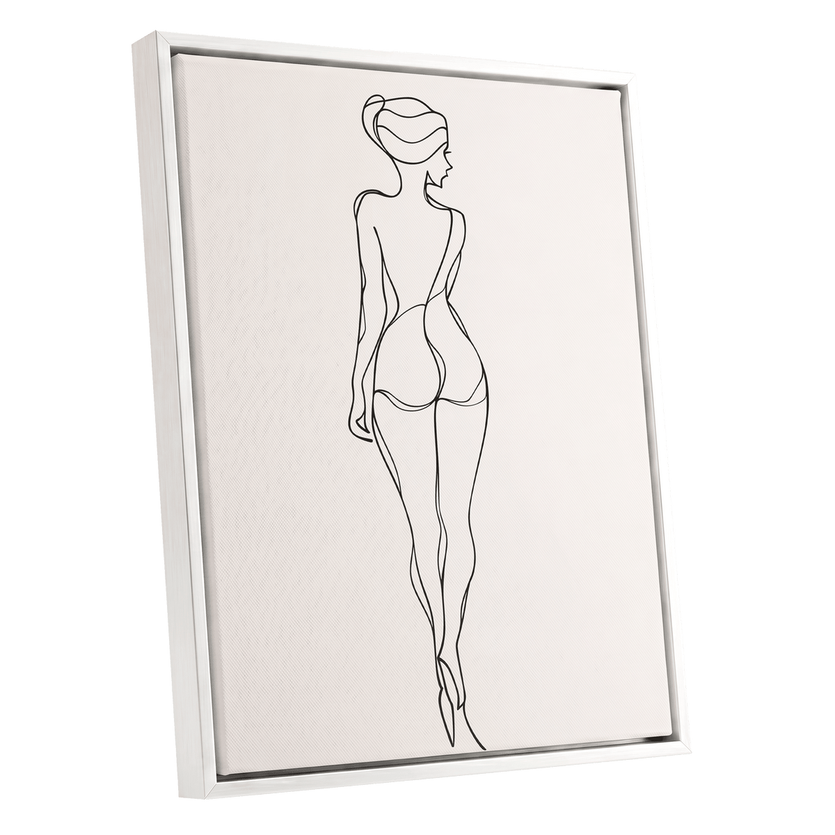 Poised in Line, black, beige minimalist wall art shown as a white framed canvas wall art